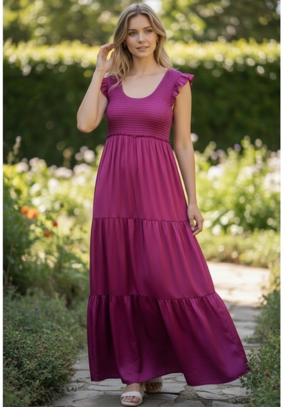 Natural Life Smocked Satin Flutter Sleeve Tiered Maxi Dress - Magenta/Berry - L